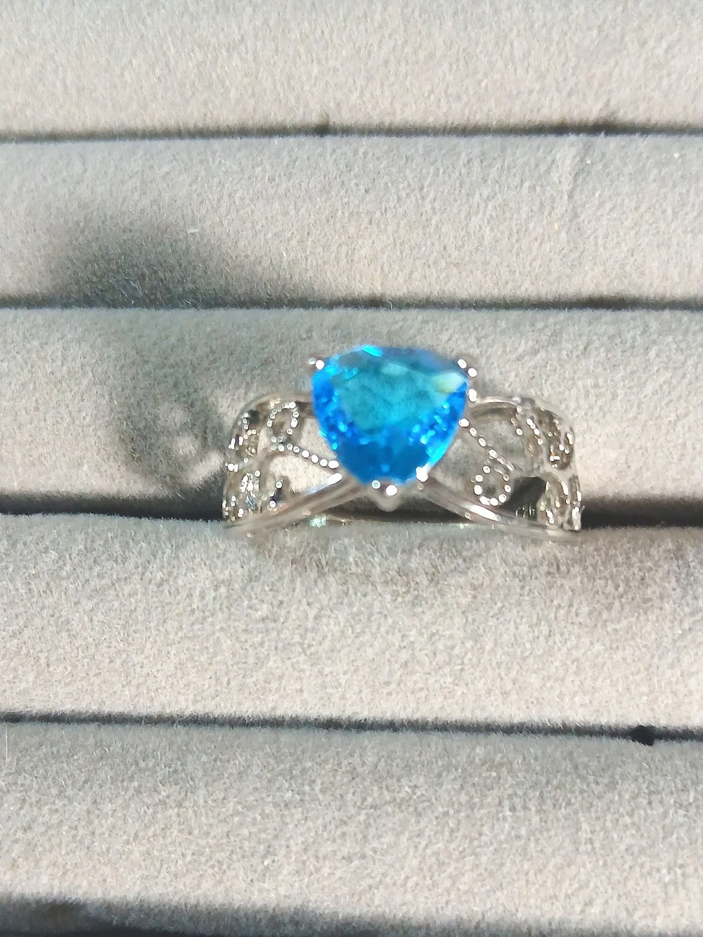 Blue Heart-Cut Gemstone Filigree Women's Ring In Sterling Silver.